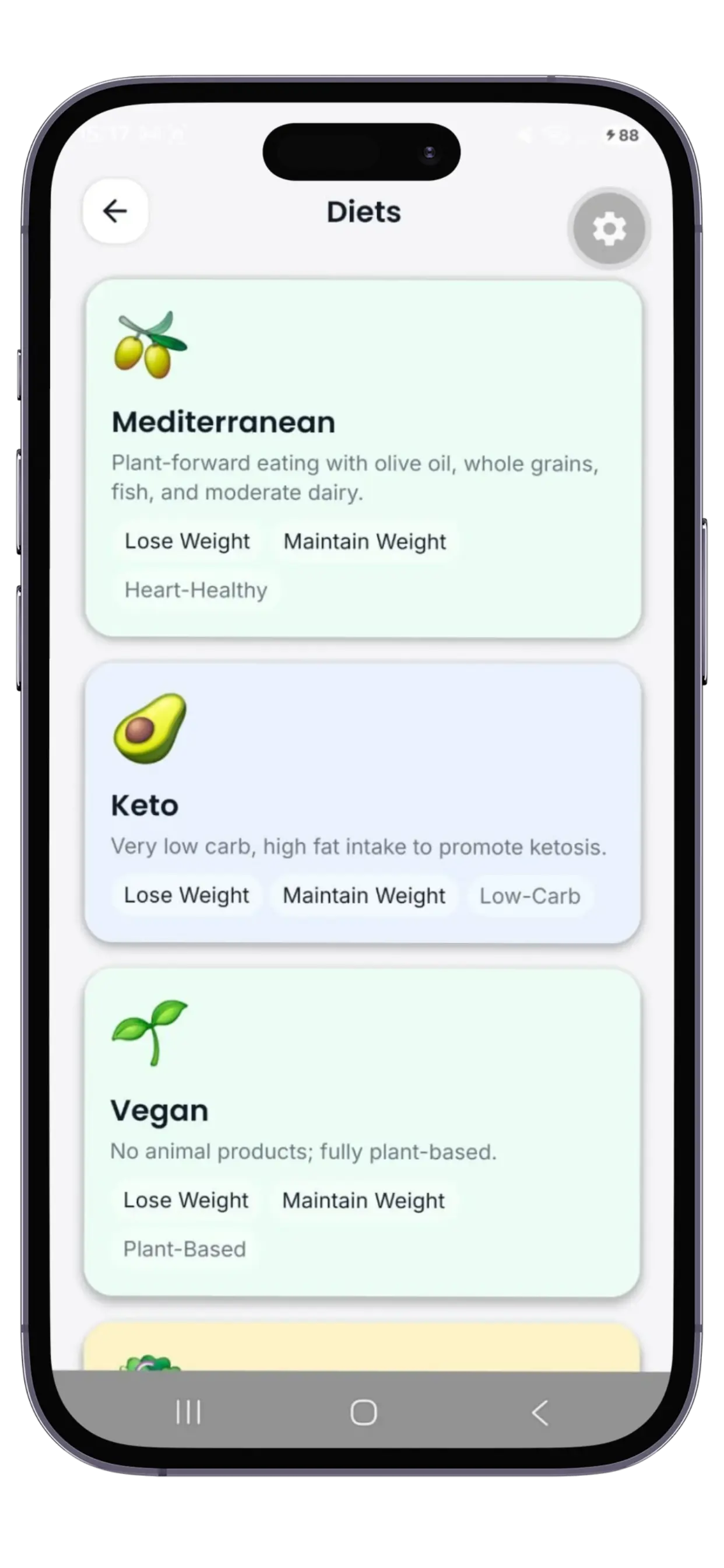 DietAI app screen — meal history and diary